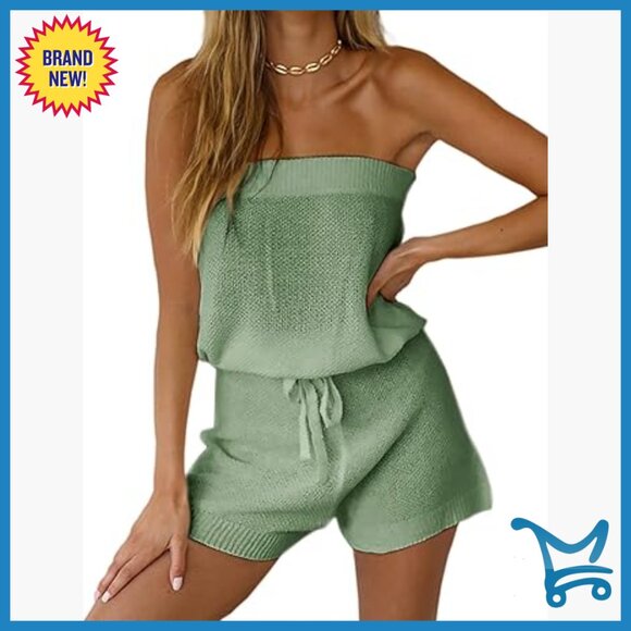 Summer Jumpsuit Romper Off Shoulder Sleeveless Loose Fit Elastic Waist